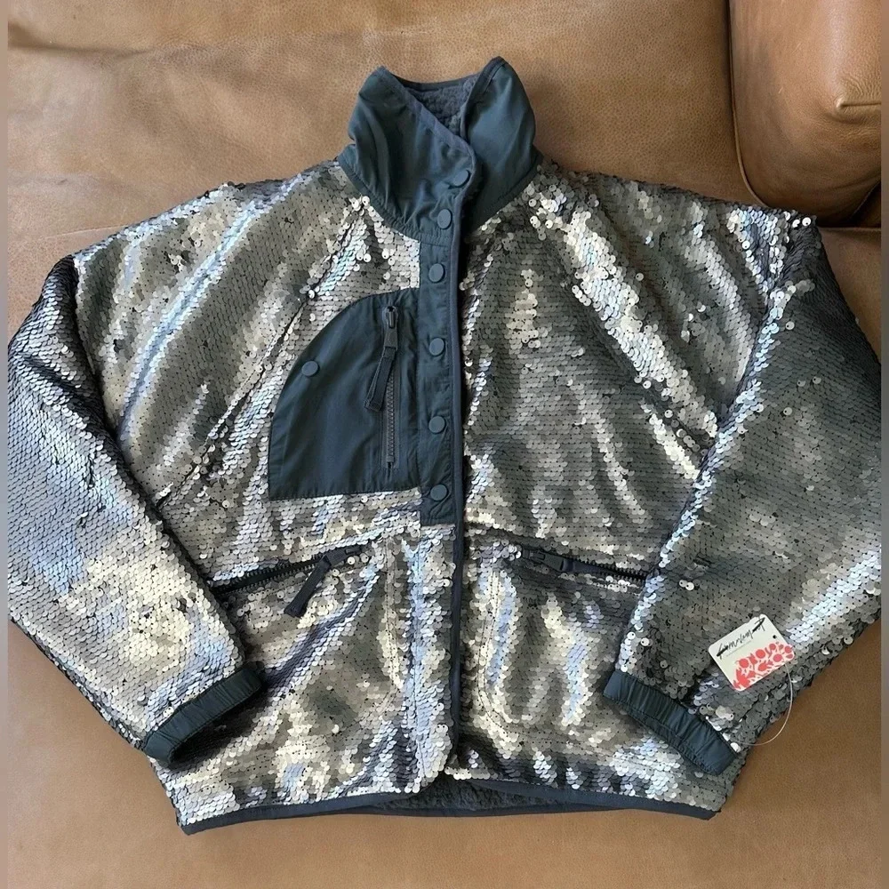 Free People Movement Hit The Slopes Sequin Jacket, Silver, X-Small, MSRP $298 - Picture 3 of 14